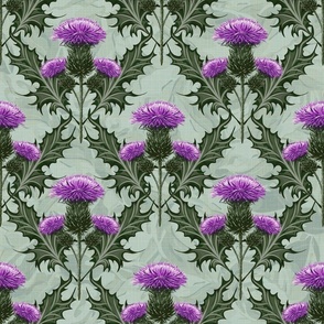 Purple Thistle Scottish Symbol Emerald Green Leaves | Scottish Thistle  Purple Flower Soft Sage Green Textured Background | Scotland Purple Flora Scottish Heraldry Soft Summer Green