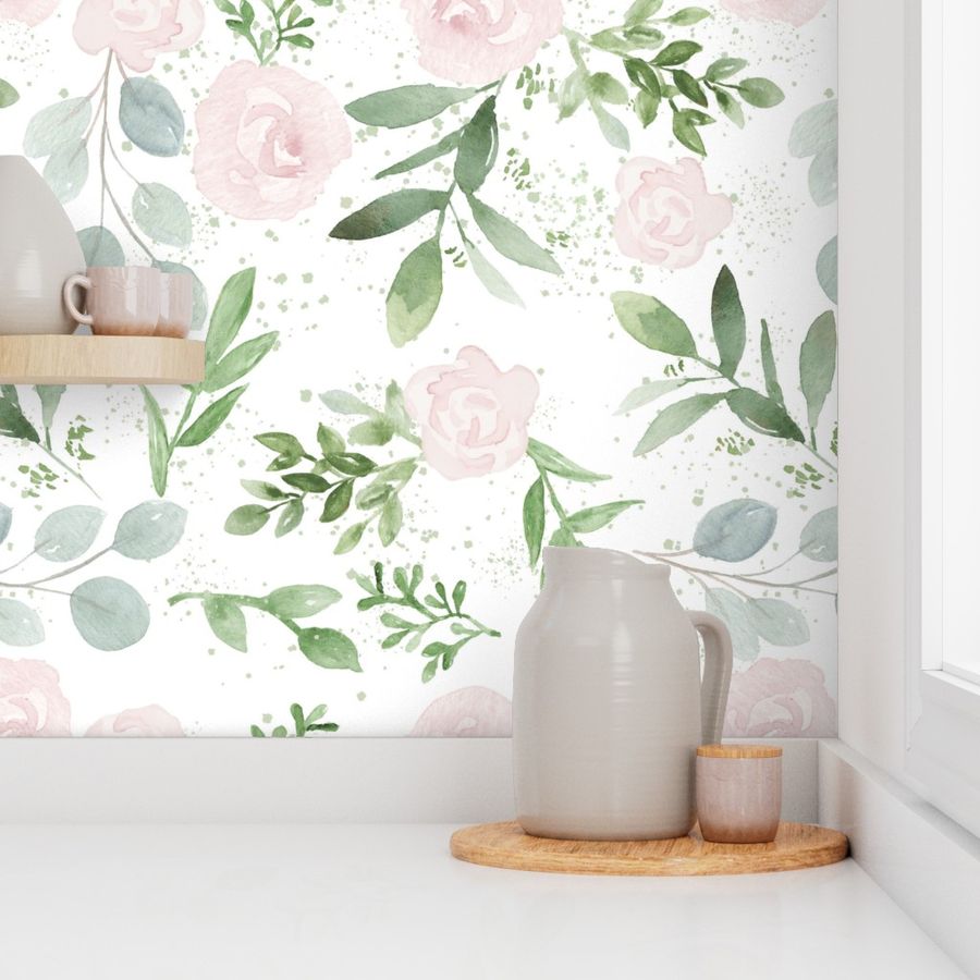 Blush Rose and Eucalyptus Wallpaper | Spoonflower