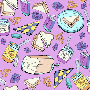 Peanut Butter and Jelly Sandwich Grape Jelly on Purple, Large Scale Novelty Fabric - Colorful Illustrated Design