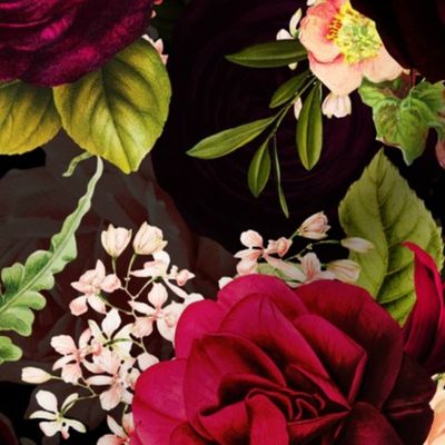  Vintage Summer Dark Night Romanticism:  Maximalism Moody Florals- Antiqued Pink And Burgundy Roses Retro Bouquets With Fern Leaves Nostalgic - Gothic Mystic Night-  Antique Botany Wallpaper and Victorian Goth Mystic inspired