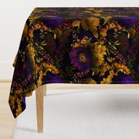 Vintage Summer Night Romanticism: Maximalism Moody Florals - Antiqued purple Roses and Nostalgic Yellow Wildflowers- Gothic Mystic Night-  Antique Botany Wallpaper and Victorian Goth Mystic inspired 