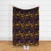 Vintage Summer Night Romanticism: Maximalism Moody Florals - Antiqued purple Roses and Nostalgic Yellow Wildflowers- Gothic Mystic Night-  Antique Botany Wallpaper and Victorian Goth Mystic inspired 