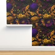 Vintage Summer Night Romanticism: Maximalism Moody Florals - Antiqued purple Roses and Nostalgic Yellow Wildflowers- Gothic Mystic Night-  Antique Botany Wallpaper and Victorian Goth Mystic inspired 