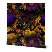 Vintage Summer Night Romanticism: Maximalism Moody Florals - Antiqued purple Roses and Nostalgic Yellow Wildflowers- Gothic Mystic Night-  Antique Botany Wallpaper and Victorian Goth Mystic inspired 