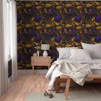 Vintage Summer Night Romanticism: Maximalism Moody Florals - Antiqued purple Roses and Nostalgic Yellow Wildflowers- Gothic Mystic Night-  Antique Botany Wallpaper and Victorian Goth Mystic inspired 