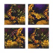 Vintage Summer Night Romanticism: Maximalism Moody Florals - Antiqued purple Roses and Nostalgic Yellow Wildflowers- Gothic Mystic Night-  Antique Botany Wallpaper and Victorian Goth Mystic inspired 