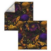 Vintage Summer Night Romanticism: Maximalism Moody Florals - Antiqued purple Roses and Nostalgic Yellow Wildflowers- Gothic Mystic Night-  Antique Botany Wallpaper and Victorian Goth Mystic inspired 