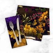 Vintage Summer Night Romanticism: Maximalism Moody Florals - Antiqued purple Roses and Nostalgic Yellow Wildflowers- Gothic Mystic Night-  Antique Botany Wallpaper and Victorian Goth Mystic inspired 