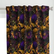 Vintage Summer Night Romanticism: Maximalism Moody Florals - Antiqued purple Roses and Nostalgic Yellow Wildflowers- Gothic Mystic Night-  Antique Botany Wallpaper and Victorian Goth Mystic inspired 