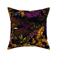 Vintage Summer Night Romanticism: Maximalism Moody Florals - Antiqued purple Roses and Nostalgic Yellow Wildflowers- Gothic Mystic Night-  Antique Botany Wallpaper and Victorian Goth Mystic inspired 