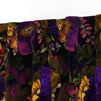 Vintage Summer Night Romanticism: Maximalism Moody Florals - Antiqued purple Roses and Nostalgic Yellow Wildflowers- Gothic Mystic Night-  Antique Botany Wallpaper and Victorian Goth Mystic inspired 