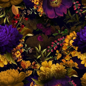 Vintage Summer Night Romanticism: Maximalism Moody Florals - Antiqued purple Roses and Nostalgic Yellow Wildflowers- Gothic Mystic Night-  Antique Botany Wallpaper and Victorian Goth Mystic inspired 