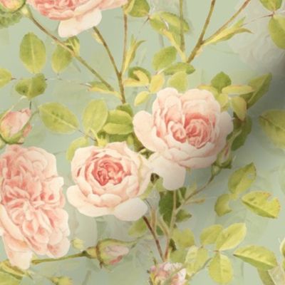 Nostalgic Light Peach Roses, Antique Flowers Bouquets,vintage home decor,  English Roses Fabric light green 