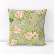 Nostalgic Light Peach Roses, Antique Flowers Bouquets,vintage home decor,  English Roses Fabric light green 