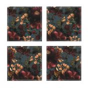 Vintage Summer Romanticism: Maximalism Bold Moody Florals  for a powder room - Antiqued burgundy Roses and Nostalgic Gothic Mystic Night 6-  Antique Botany Wallpaper and Victorian Goth Mystic inspired on Blue Teal