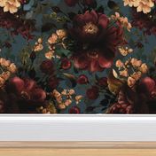 Vintage Summer Romanticism: Maximalism Bold Moody Florals  for a powder room - Antiqued burgundy Roses and Nostalgic Gothic Mystic Night 6-  Antique Botany Wallpaper and Victorian Goth Mystic inspired on Blue Teal