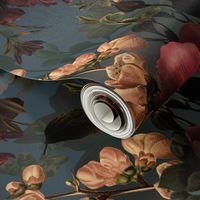 Vintage Summer Romanticism: Maximalism Bold Moody Florals  for a powder room - Antiqued burgundy Roses and Nostalgic Gothic Mystic Night 6-  Antique Botany Wallpaper and Victorian Goth Mystic inspired on Blue Teal