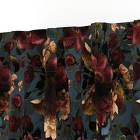 Vintage Summer Romanticism: Maximalism Bold Moody Florals  for a powder room - Antiqued burgundy Roses and Nostalgic Gothic Mystic Night 6-  Antique Botany Wallpaper and Victorian Goth Mystic inspired on Blue Teal