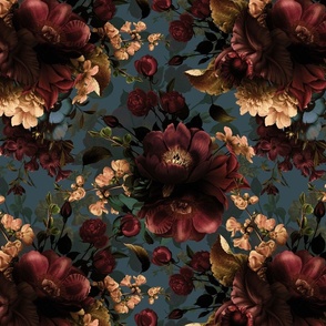 Vintage Summer Romanticism: Maximalism Bold Moody Florals  for a powder room - Antiqued burgundy Roses and Nostalgic Gothic Mystic Night 6-  Antique Botany Wallpaper and Victorian Goth Mystic inspired on Blue Teal