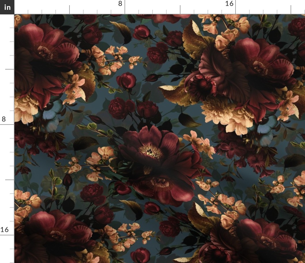 Vintage Summer Romanticism: Maximalism Bold Moody Florals  for a powder room - Antiqued burgundy Roses and Nostalgic Gothic Mystic Night 6-  Antique Botany Wallpaper and Victorian Goth Mystic inspired on Blue Teal