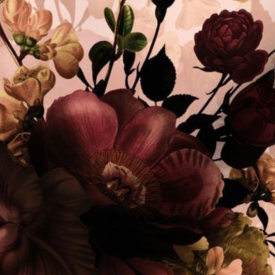 Vintage Summer Night Romanticism: Maximalism Moody Florals-Antiqued red pink burgundy Roses and Nostalgic Yellow Gothic Mystic Wildflowers  Night-Antique Botany Wallpaper and Victorian Goth Mystic inspired - blush - maroon