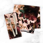 Vintage Summer Night Romanticism: Maximalism Moody Florals-Antiqued red pink burgundy Roses and Nostalgic Yellow Gothic Mystic Wildflowers  Night-Antique Botany Wallpaper and Victorian Goth Mystic inspired - blush - maroon