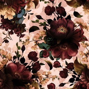 Vintage Summer Night Romanticism: Maximalism Moody Florals-Antiqued red pink burgundy Roses and Nostalgic Yellow Gothic Mystic Wildflowers  Night-Antique Botany Wallpaper and Victorian Goth Mystic inspired - blush - maroon