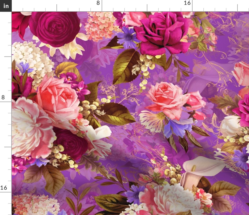 Nostalgic Pink Burgundy White Roses And Peonies,Antique Flowers Bouquets,vintage home decor,  English Roses Fabric on purple 