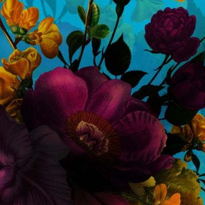 Vintage Summer Night Romanticism: Maximalism Moody Florals-Antiqued red pink burgundy Roses and Nostalgic Yellow Gothic Mystic Wildflowers  Night-Antique Botany Wallpaper and Victorian Goth Mystic inspired - dark teal blue