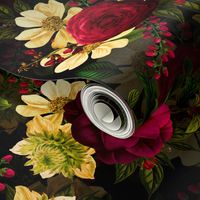 Vintage Summer Night Romanticism: Maximalism Moody Burgundy Florals- Antiqued Roses Cream Cosmos and Nostalgic - Gothic Mystic Night-  Antique Botany Wallpaper and Victorian Goth Mystic inspired