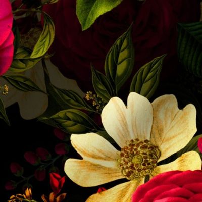 Vintage Summer Night Romanticism: Maximalism Moody Burgundy Florals- Antiqued Roses Cream Cosmos and Nostalgic - Gothic Mystic Night-  Antique Botany Wallpaper and Victorian Goth Mystic inspired