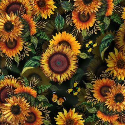 10" Antique Sunflower bouquets, sunflower fabric, sunflowers fabric, green