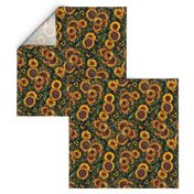 10" Antique Sunflower bouquets, sunflower fabric, sunflowers fabric, green