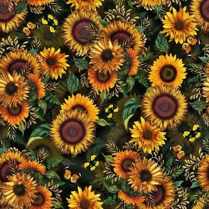 10" Antique Sunflower bouquets, sunflower fabric, sunflowers fabric, green