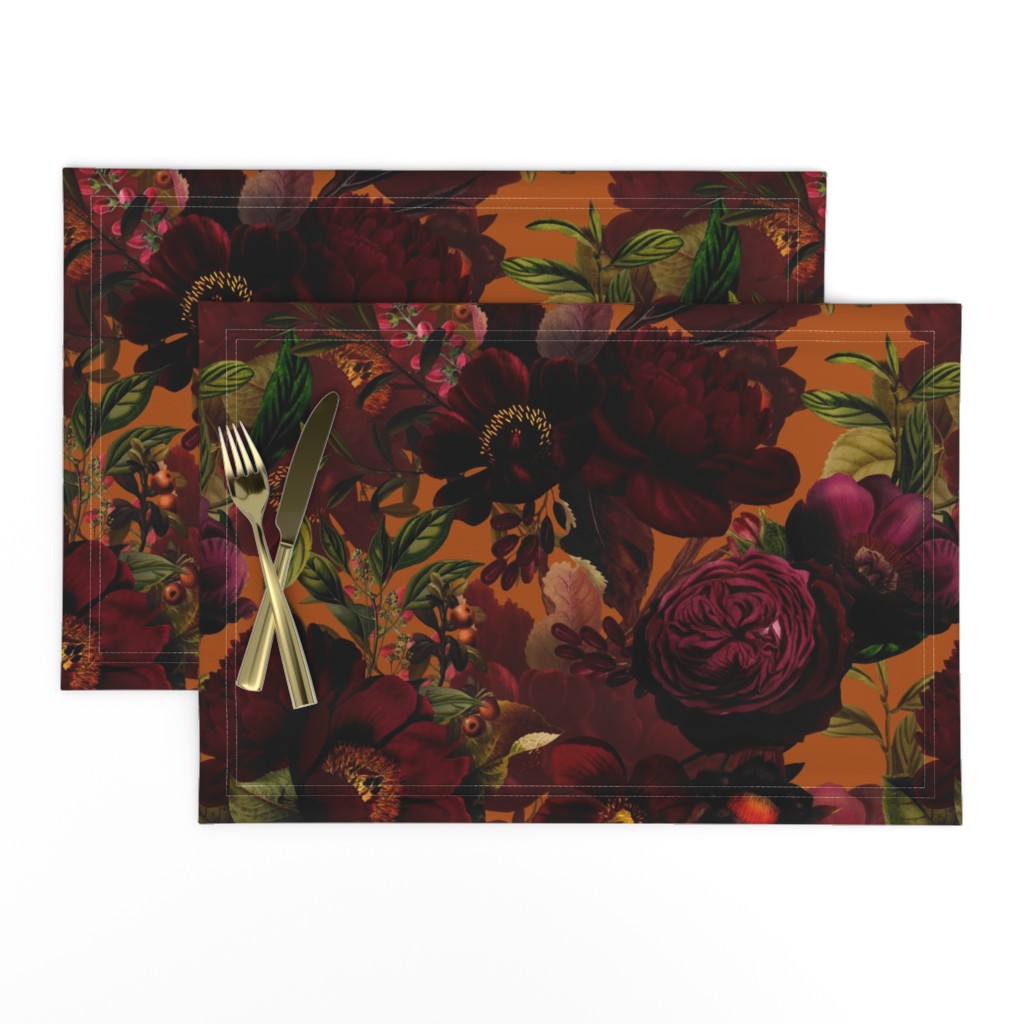 Vintage Summer Night Romanticism: Maximalism Moody Burgundy Florals- Antiqued  Roses and Nostalgic - Gothic Mystic Night-  Antique Botany Wallpaper and Victorian Goth Mystic inspired - orange background