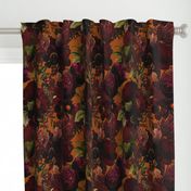 Vintage Summer Night Romanticism: Maximalism Moody Burgundy Florals- Antiqued  Roses and Nostalgic - Gothic Mystic Night-  Antique Botany Wallpaper and Victorian Goth Mystic inspired - orange background