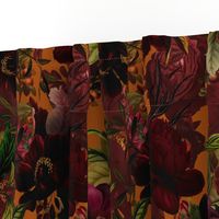 Vintage Summer Night Romanticism: Maximalism Moody Burgundy Florals- Antiqued  Roses and Nostalgic - Gothic Mystic Night-  Antique Botany Wallpaper and Victorian Goth Mystic inspired - orange background