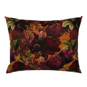 Vintage Summer Night Romanticism: Maximalism Moody Burgundy Florals- Antiqued  Roses and Nostalgic - Gothic Mystic Night-  Antique Botany Wallpaper and Victorian Goth Mystic inspired - orange background