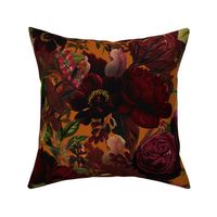 Vintage Summer Night Romanticism: Maximalism Moody Burgundy Florals- Antiqued  Roses and Nostalgic - Gothic Mystic Night-  Antique Botany Wallpaper and Victorian Goth Mystic inspired - orange background