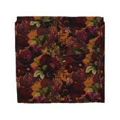 Vintage Summer Night Romanticism: Maximalism Moody Burgundy Florals- Antiqued  Roses and Nostalgic - Gothic Mystic Night-  Antique Botany Wallpaper and Victorian Goth Mystic inspired - orange background