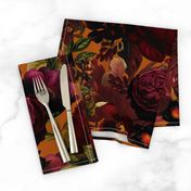 Vintage Summer Night Romanticism: Maximalism Moody Burgundy Florals- Antiqued  Roses and Nostalgic - Gothic Mystic Night-  Antique Botany Wallpaper and Victorian Goth Mystic inspired - orange background