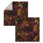 Vintage Summer Night Romanticism: Maximalism Moody Burgundy Florals- Antiqued  Roses and Nostalgic - Gothic Mystic Night-  Antique Botany Wallpaper and Victorian Goth Mystic inspired - orange background