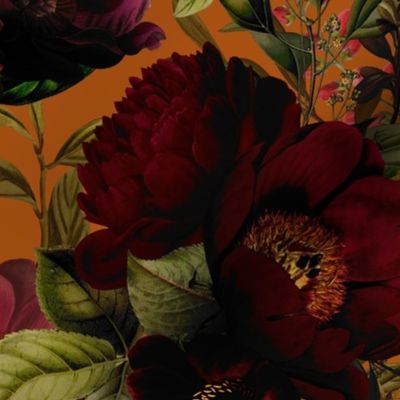 Vintage Summer Night Romanticism: Maximalism Moody Burgundy Florals- Antiqued  Roses and Nostalgic - Gothic Mystic Night-  Antique Botany Wallpaper and Victorian Goth Mystic inspired - orange background