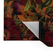 Vintage Summer Night Romanticism: Maximalism Moody Burgundy Florals- Antiqued  Roses and Nostalgic - Gothic Mystic Night-  Antique Botany Wallpaper and Victorian Goth Mystic inspired - orange background