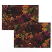 Vintage Summer Night Romanticism: Maximalism Moody Burgundy Florals- Antiqued  Roses and Nostalgic - Gothic Mystic Night-  Antique Botany Wallpaper and Victorian Goth Mystic inspired - orange background