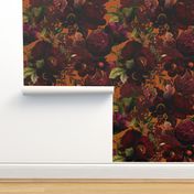Vintage Summer Night Romanticism: Maximalism Moody Burgundy Florals- Antiqued  Roses and Nostalgic - Gothic Mystic Night-  Antique Botany Wallpaper and Victorian Goth Mystic inspired - orange background