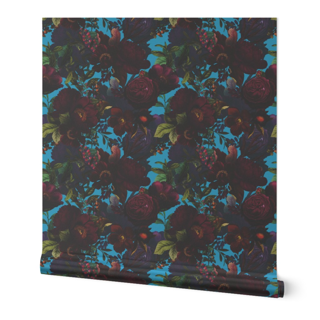 Vintage Summer Night Romanticism: Maximalism Moody Burgundy Florals- Antiqued  Roses and Nostalgic - Gothic Mystic Night-  Antique Botany Wallpaper and Victorian Goth Mystic inspired - teal blue background