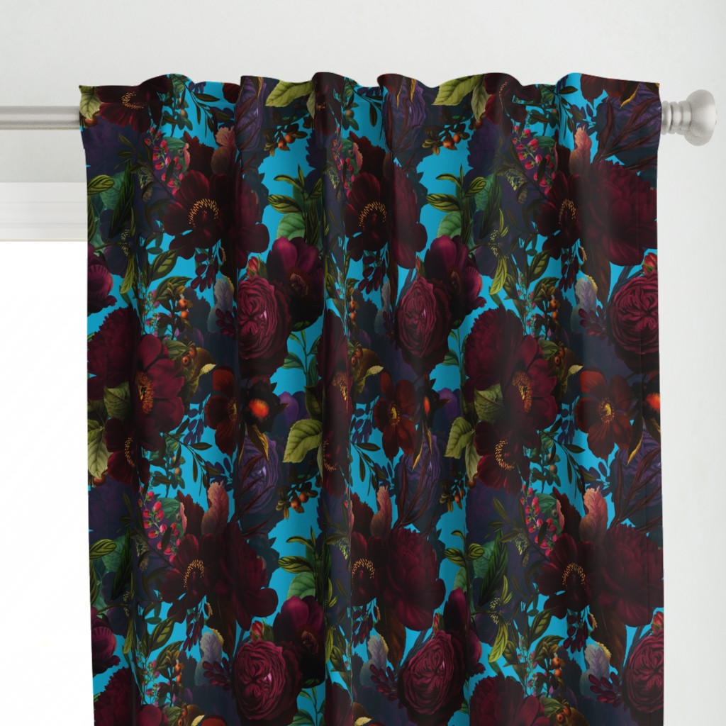 Vintage Summer Night Romanticism: Maximalism Moody Burgundy Florals- Antiqued  Roses and Nostalgic - Gothic Mystic Night-  Antique Botany Wallpaper and Victorian Goth Mystic inspired - teal blue background