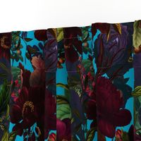 Vintage Summer Night Romanticism: Maximalism Moody Burgundy Florals- Antiqued  Roses and Nostalgic - Gothic Mystic Night-  Antique Botany Wallpaper and Victorian Goth Mystic inspired - teal blue background