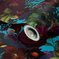 Vintage Summer Night Romanticism: Maximalism Moody Burgundy Florals- Antiqued  Roses and Nostalgic - Gothic Mystic Night-  Antique Botany Wallpaper and Victorian Goth Mystic inspired - teal blue background